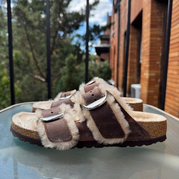 New Birkenstock Arizona Big Buckle Shearling Sandals Leather Brown US 8 / EUR 39 - Picture 9 of 14